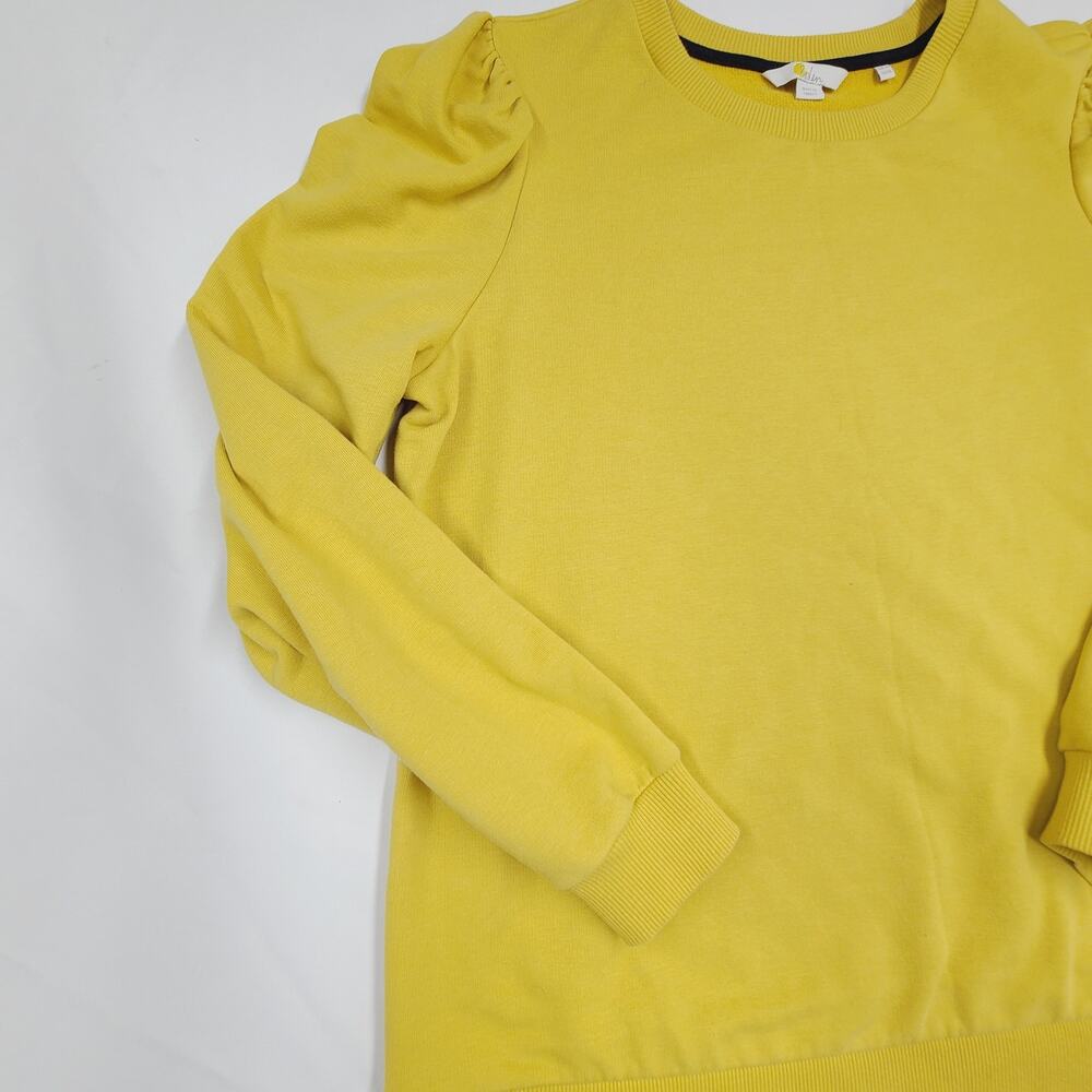 Boden Puff Sleeve Sweatshirt Mustard Yellow Ribbed Trim Feminine Casual 12 - Picture 8 of 13